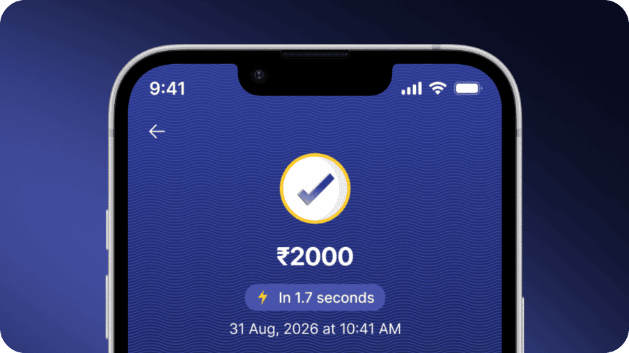 SpicePay mobile payment confirmation screen displaying a successful ₹2,000 transaction completed in 1.7 seconds, with the transaction date and time.