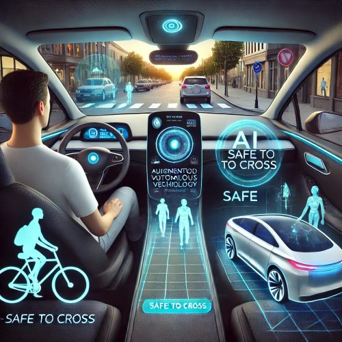 DALL·E 2025-03-17 12.56.08 - A futuristic self-driving car interior with a human passenger comfortably seated, interacting with an AI-powered dashboard assistant. The cars windsh