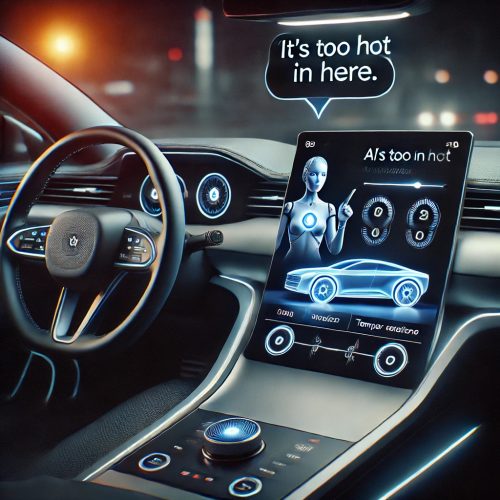DALL·E 2025-03-17 12.57.41 - A futuristic car interior featuring an advanced AI-driven voice assistant. The driver casually says, _It’s too hot in here,_ and the AI assistant on t